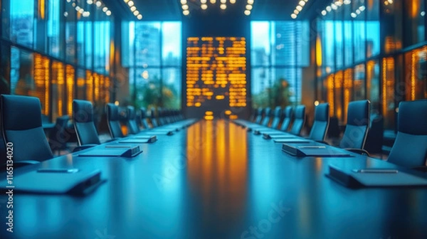 Fototapeta modern conference room with long table and empty chairs, illuminated by city lights