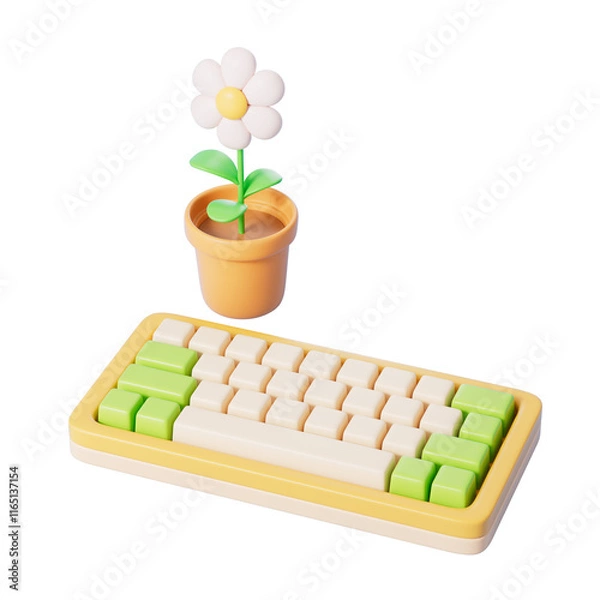 Fototapeta Cartoon style keyboard and flower,3d rendering