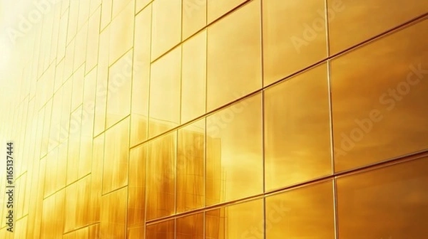 Fototapeta Golden Building Facade with Reflective Glass Windows on Sunset