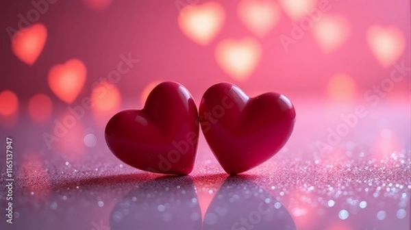 Fototapeta Two Red Heart Shaped Placed on a Sparkling, Glittery Surface With a Gradient of Pink and Purple Background Showcasing a Heart Shape Bokeh Effect.