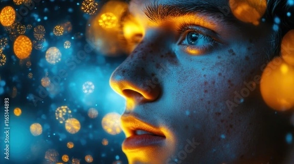 Fototapeta Dreamy Portrait of a Young Person Surrounded by Vibrant Bokeh Lights in a Magical Atmosphere