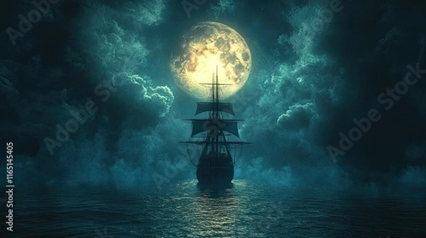 Fototapeta Ship sailing under full moon at night with moody clouds.