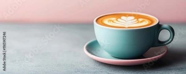 Fototapeta Pastel coffee idea. A stylish latte in a turquoise cup on a grey table with a pink background.