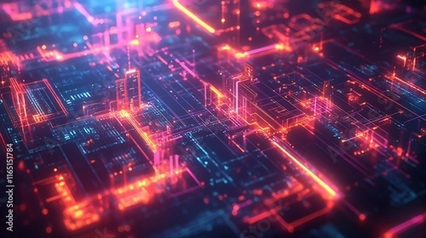 Fototapeta A world map of energy data flows with vibrant, radiant lines of light connecting major power hubs, floating analytics panels, and intricate holographic overlays,