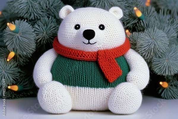Fototapeta Hand-knitted polar bear wearing festive scarf, sitting under yarn Christmas tree with twinkling lights, magical and cute, natural light.