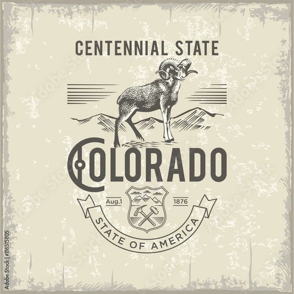 Obraz Колорадо, стилизованная эмблема штата Америки, винтаж, баран, иллюстрация, вектор