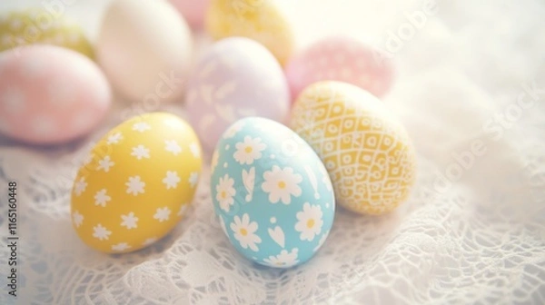 Fototapeta A set of beautifully decorated Easter eggs with geometric and floral patterns, scattered on a white lace tablecloth.