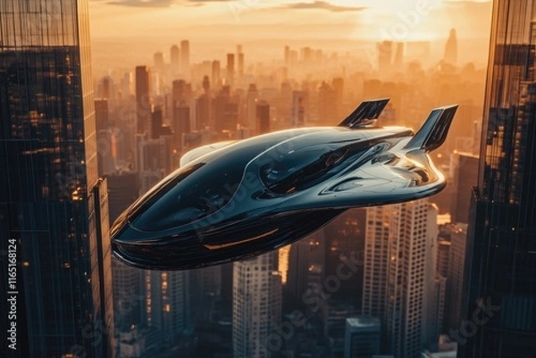 Fototapeta Futuristic black vehicle flying over a city at sunset, showcasing sleek design and advanced technology.