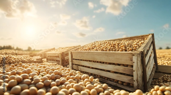 Obraz Bundles of Ripe Soybeans in Wooden Crates at a Soybean Farm sky view with copy space