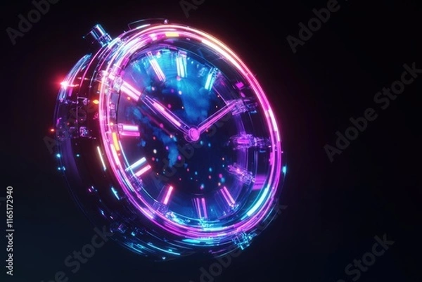 Fototapeta A futuristic neon clock with a world map design, showcasing vibrant colors and dynamic movement.