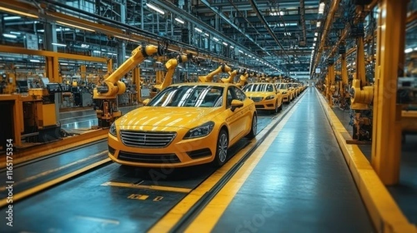 Fototapeta Assembly line featuring yellow cars and robotic arms in a manufacturing facility.