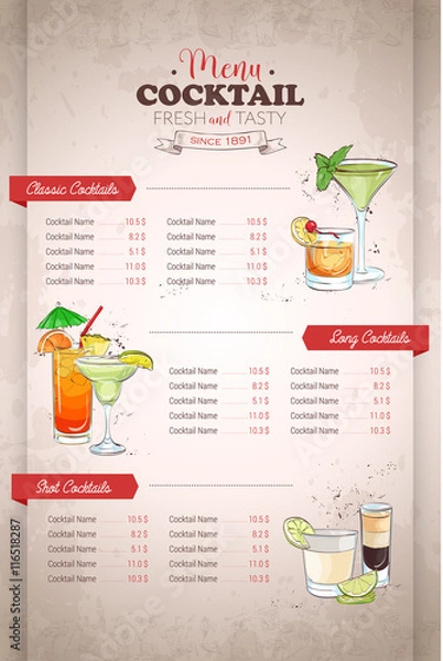 Obraz Drawing vertical color cocktail menu design