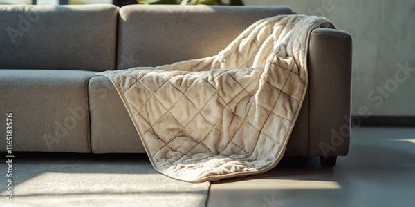 Fototapeta A weighted blanket draped over a sofa in neutral tones with soft natural lighting