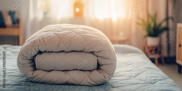 Fototapeta A neatly folded weighted blanket on a bed in a softly lit pastel-toned room