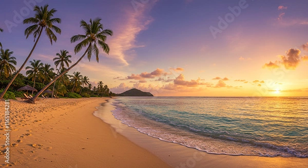Fototapeta Tropical Sunset Beach Paradise Palms Ocean Sand Vacation