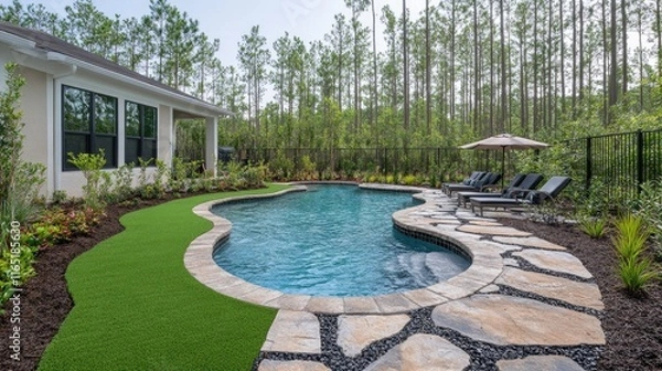 Fototapeta Backyard swimming pool with flagstone patio, artificial turf, and lush landscaping.