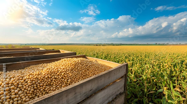 Fototapeta Bundles of Ripe Soybeans in Wooden Crates at a Soybean Farm sky view with copy space