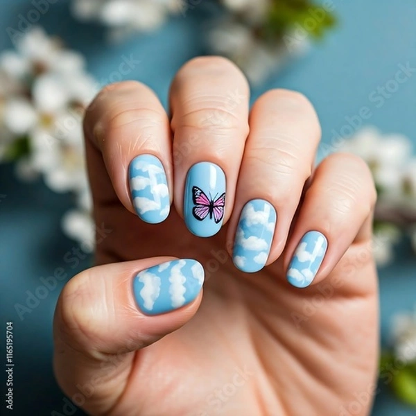 Fototapeta Soft baby blue nails with white cloud-like patterns and a single nail featuring a hand-painted butterfly, framed by fresh spring blossoms, baby blue nails, cloud patterns, butterfly nails, spring blos