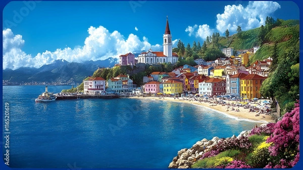 Obraz Scenic view of a medieval town with a villa overlooking a lake, featuring a cathedral and castle by the river, with a historic bridge, tower, and palace in the landscape