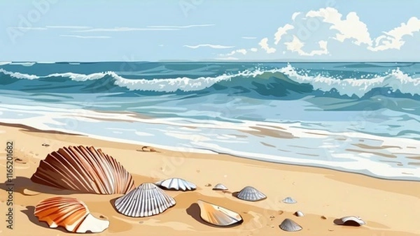 Fototapeta Illustration for Sand Castle Day or Sand Play Day: Whimsical and Playful Beach Scene in Warm Sunny Tones