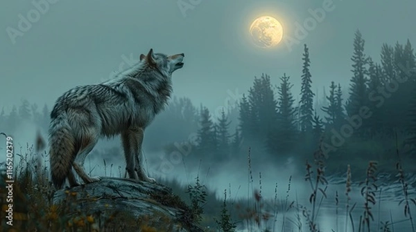 Fototapeta A lone wolf howling at a full moon in a hauntingly beautiful nighttime landscape, the scene captured with a clarity and depth that feels almost tangible