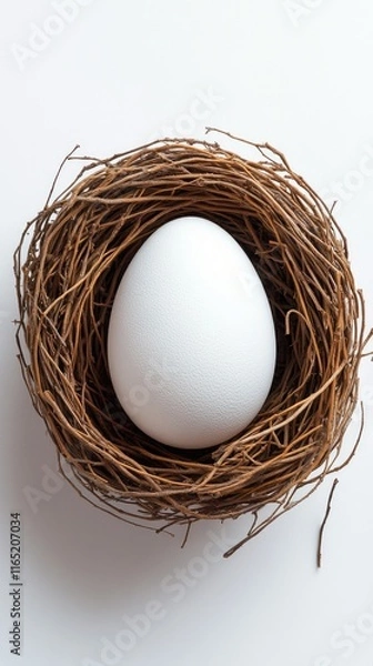 Fototapeta White egg resting in bird nest on white background