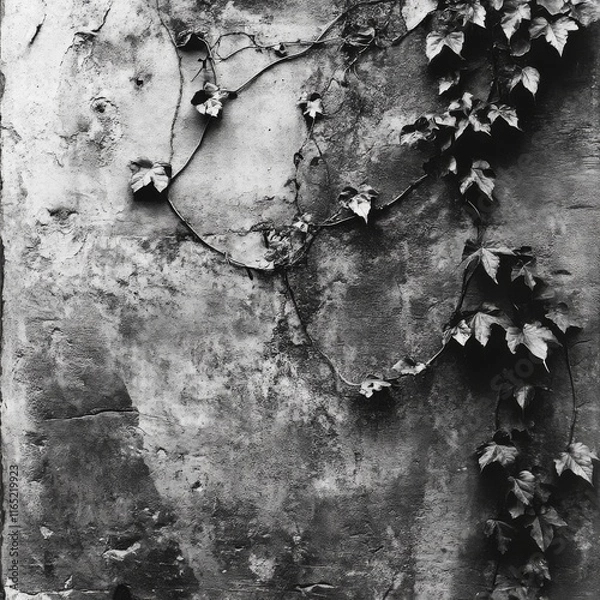 Fototapeta Monochrome close-up of ivy climbing a weathered wall.
