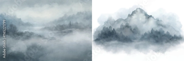 Fototapeta Misty mountains and forests blend harmoniously in a soft watercolor composition, exuding tranquility.