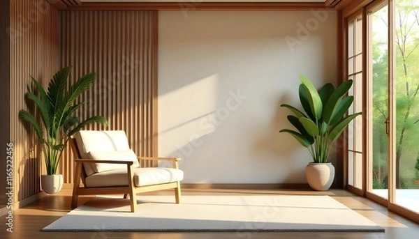 Obraz A 3D rendering of a wooden armchair and a Japanese-style partition in a tropical interior room creates a calm and welcoming atmosphere in this stock photo