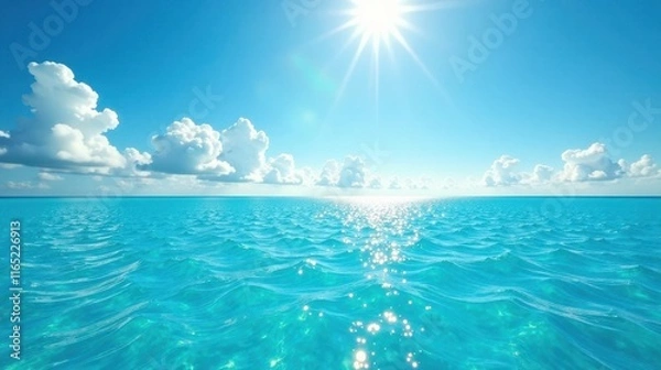 Fototapeta Serene Ocean Vista Sparkling Sunlight on Azure Waters Under a Sky Adorned with Fluffy White Clouds