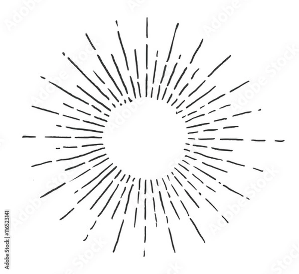 Fototapeta Linear drawing of sun. Vintage style of the image. Hipster style. Light rays of burst. Handdrawn vector illustration