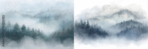 Fototapeta Serene misty landscape featuring dark trees and soft fog enveloping distant mountains.