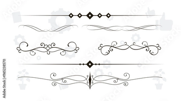 Obraz Text devider set, gold line minimal separators, elegant doodlle borders, decorative elements isolated on dark background.