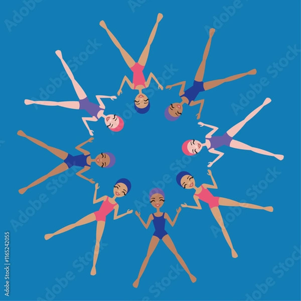 Fototapeta Vector illustration of a group of eight synchronized swimmers