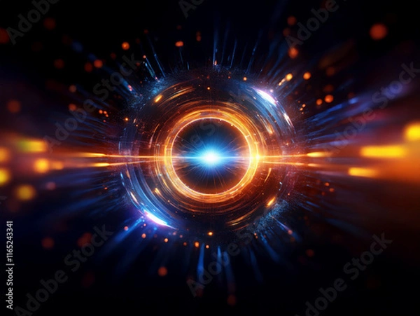 Fototapeta A vibrant, glowing energy portal, ringed with metallic structures, emits bright light streaks across a dark background.  Specks of light and energy bursts surround it.