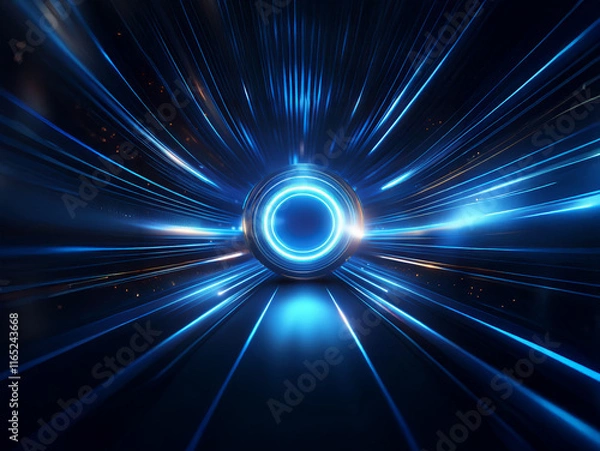 Fototapeta Hyperspace tunnel, glowing blue energy streaks converging on a metallic ring.  Intense light, futuristic speed, cosmic travel.