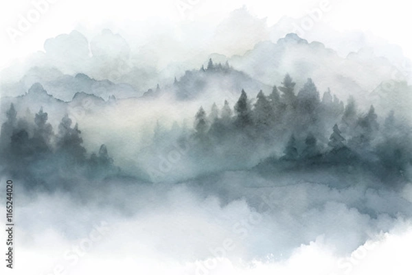 Fototapeta Tranquil mist enveloping a serene landscape of trees and mountains, creating a peaceful and atmospheric scene.