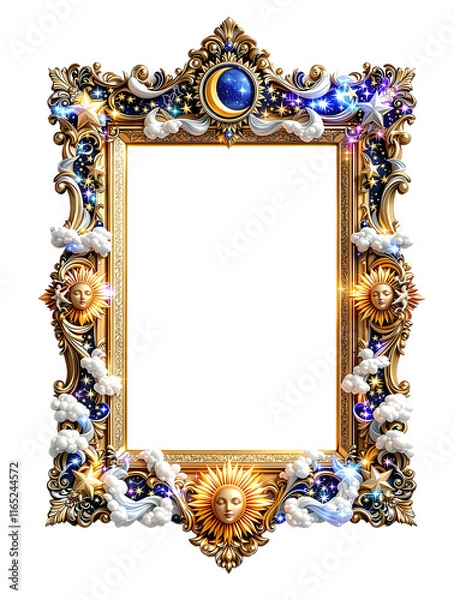 Fototapeta Magical gold celestial antique gilded  frame with Moon, Stars and Sun - Baroque Fantasy Border png generative ai