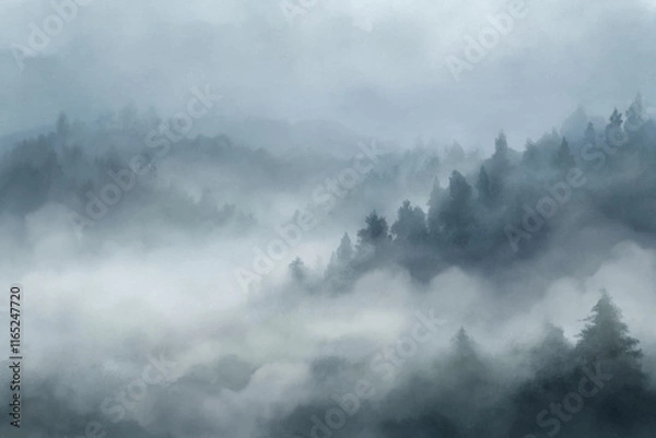 Fototapeta A misty forest landscape shrouded in fog, evoking feelings of tranquility and solitude.