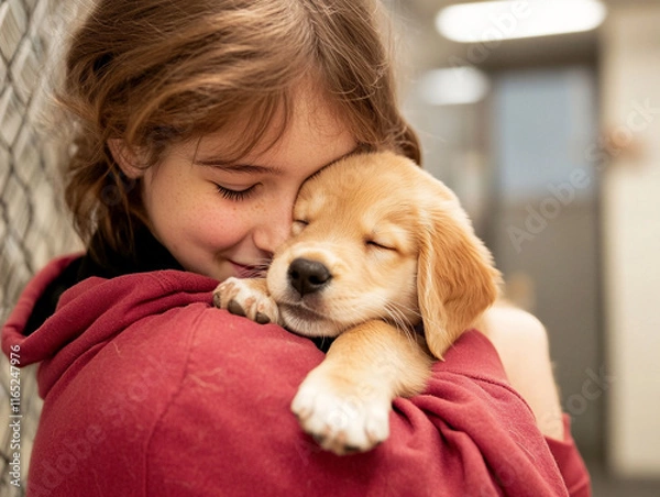 Fototapeta Little Girl Hugging a Puppy Adopted from Animal Shelter