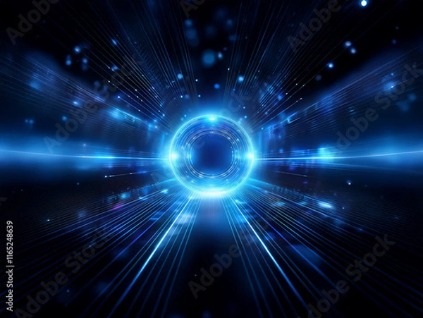 Fototapeta A mesmerizing abstract digital artwork featuring a glowing blue circular portal surrounded by dynamic light streaks and particles. It evokes a sense of speed, technology, and otherworldly travel.