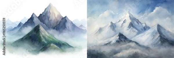 Fototapeta Majestic watercolor mountains with vibrant green hills, enveloped in soft mist and clouds.