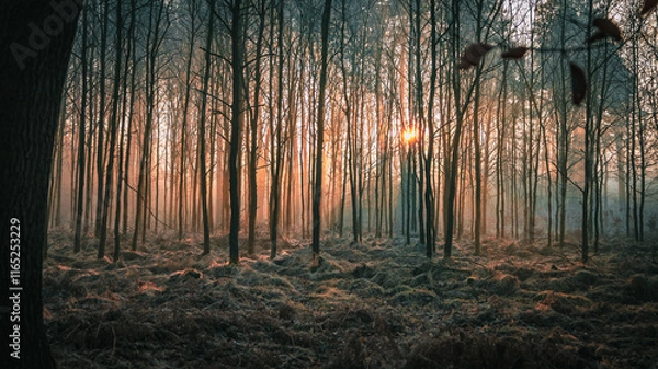 Obraz Wschód słońca w mglistym lesie