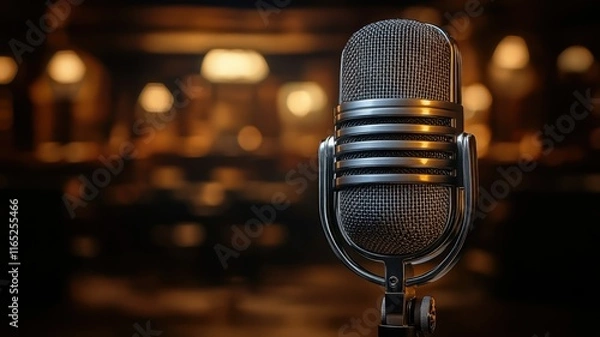 Obraz Microphone Vintage Concept. Vintage microphone with a blurred background in a dimly lit setting.