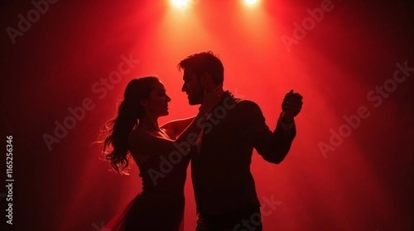 Obraz Romantic couple dancing under red lighting for a passionate Valentine's Day