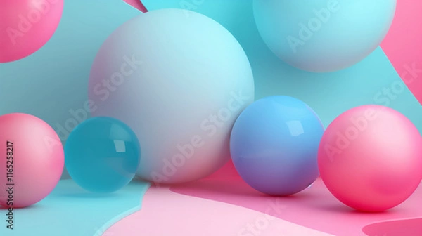 Fototapeta Abstract Pastel 3D Spheres Illustration in Soft Pink and Blue Tones for Modern Design and Backgrounds