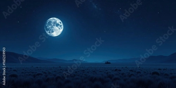 Fototapeta Serene Nightscape Full Moon Over a Grassy Plain Under a Starry Sky