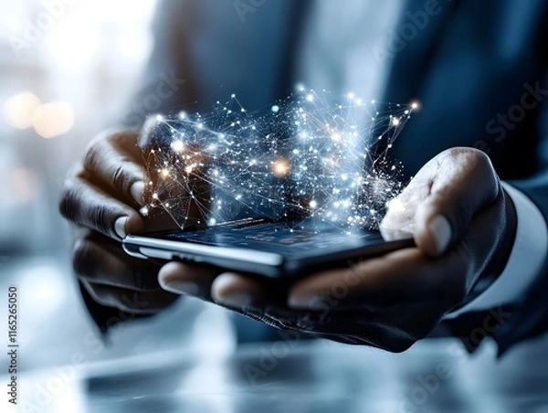 Obraz Close-up of hands holding a smartphone with glowing holographic network and data visualization