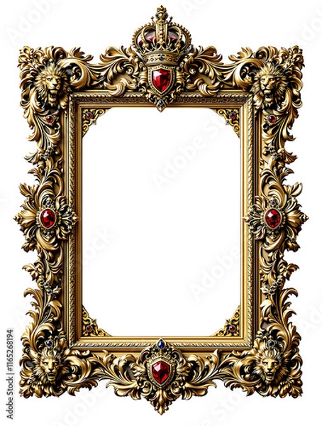 Fototapeta Royal Gold Frame with Crown and Lion Heads | Luxury Heraldic Border Design png generative ai