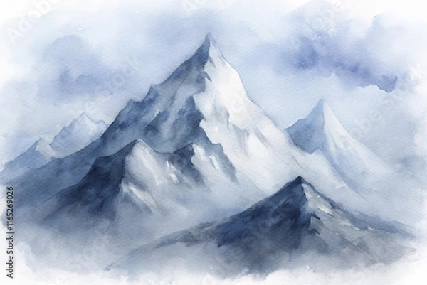 Fototapeta Enchanting watercolor mountains with soft textures and mist, creating a serene and tranquil scene.